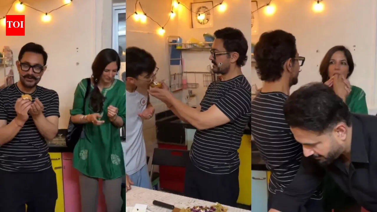 Aamir Khan cuts his birthday cake with girlfriend Gauri Spratt, kids Azad Rao, Ira and Junaid Khan, Irfan Pathan shares inside VIDEO |