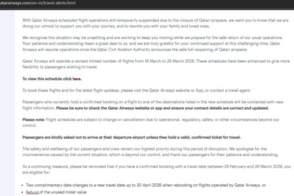 Qatar Airways travel update: Free date changes till April 30, or refunds offered; flights to 9 Indian cities till March 28 |