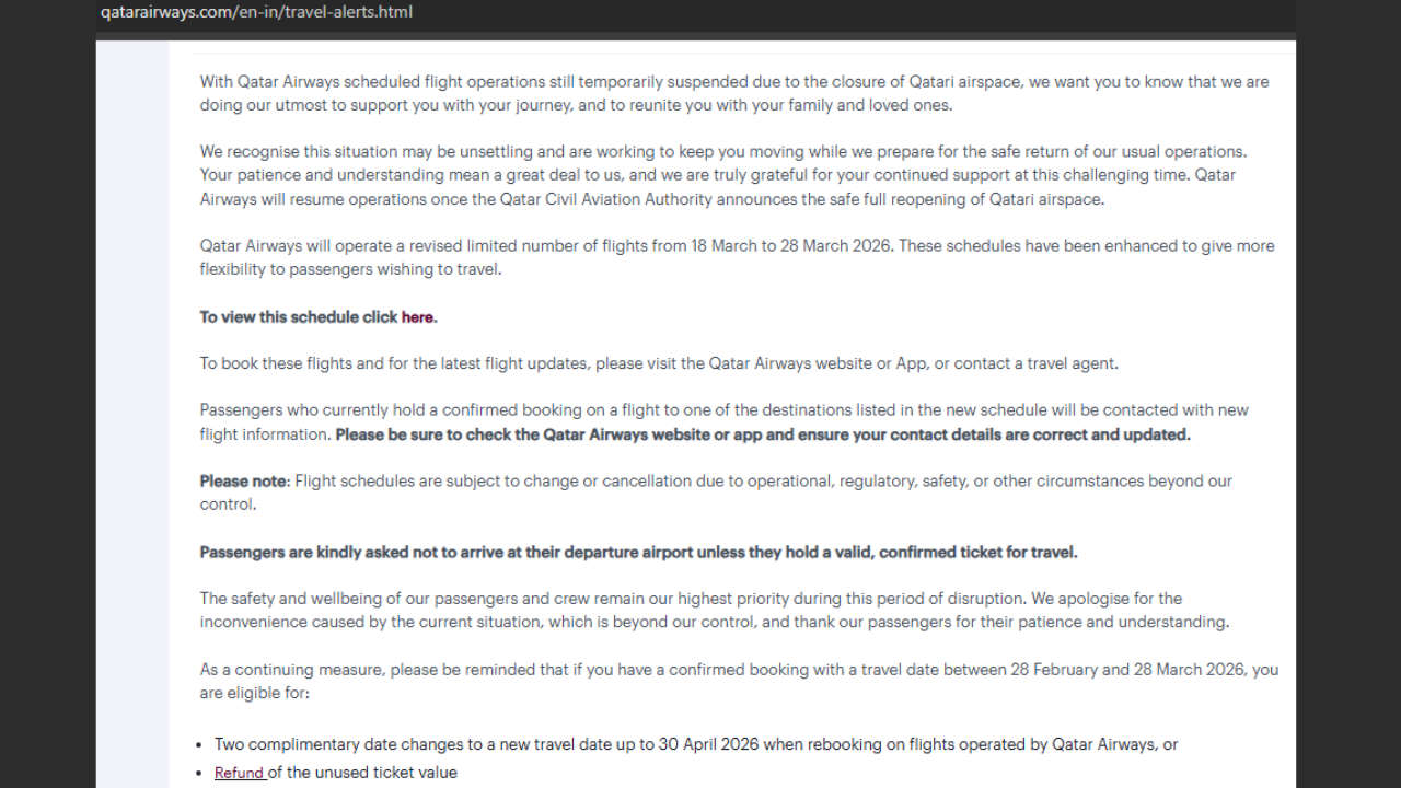 Qatar Airways travel update: Free date changes till April 30, or refunds offered; flights to 9 Indian cities till March 28 |