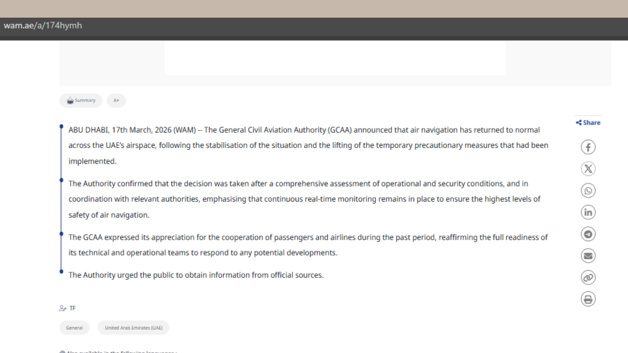 UAE travel update: Airspace reopens as GCAA lifts precautionary measures; flights resume normal operations |