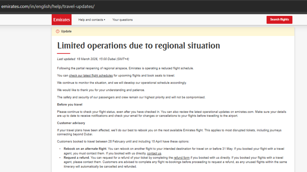 Emirates travel update: Reduced flights, multiple changes allowed till April 30; Dubai city check-in closed |