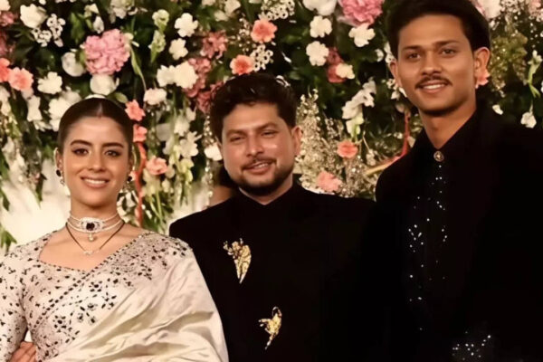 Vanshika Chadha stuns in off-white saree at Reception, Kuldeep Yadav looks dashing in black |