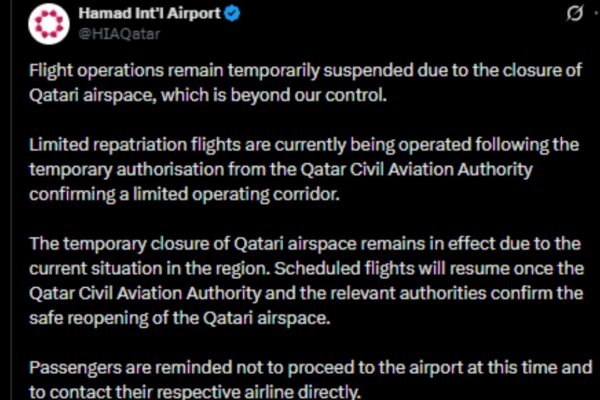 Hamad International Airport: Flights remain suspended at Hamad International Airport amid Qatari airspace closure; limited repatriation flights operating |