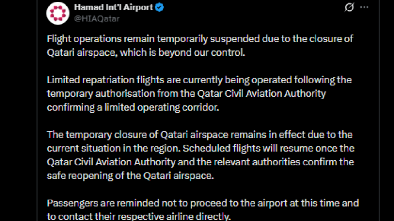 Hamad International Airport: Flights remain suspended at Hamad International Airport amid Qatari airspace closure; limited repatriation flights operating |