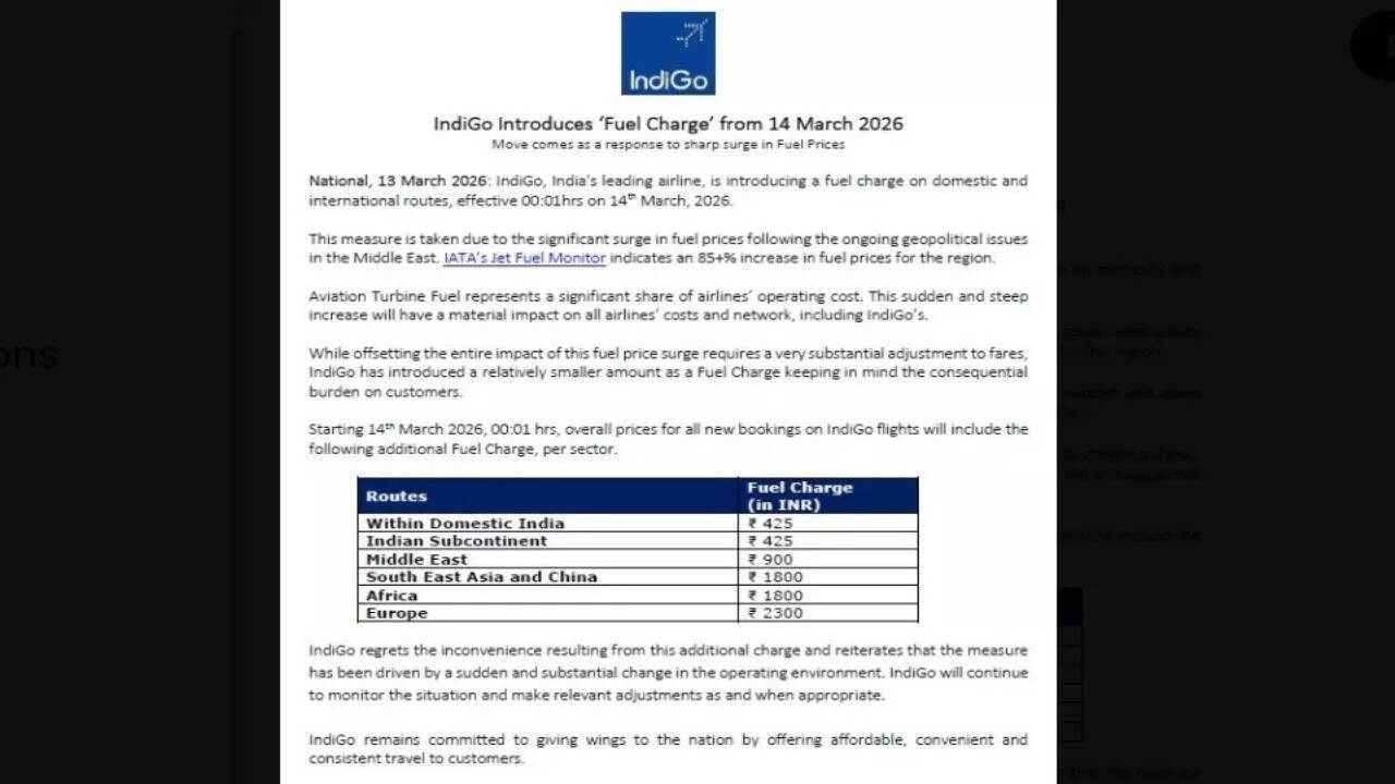 IndiGo introduces fuel charge from March 14 amid rising jet fuel prices; what it means for travellers |