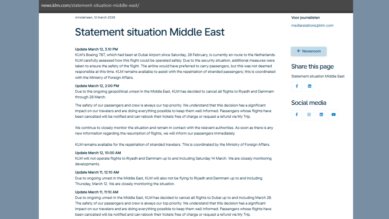 Middle East Unrest: KLM cancels all flights to Dubai, Riyadh and Dammam until March 28 amid Middle East unrest; aircraft departs Dubai without passengers |