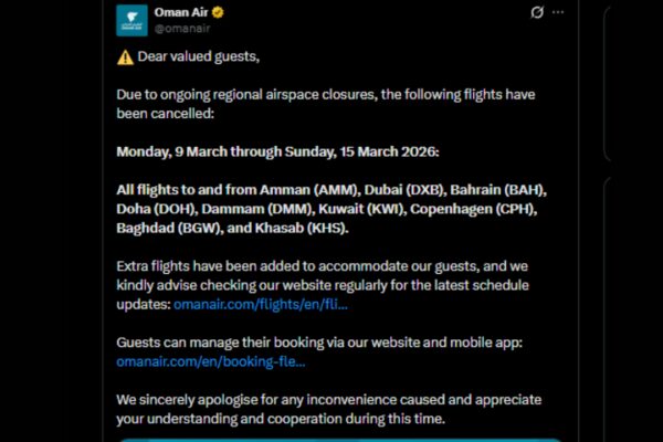 Oman Air cancels flights to 9 cities from March 9–15 amid ongoing regional airspace closures |
