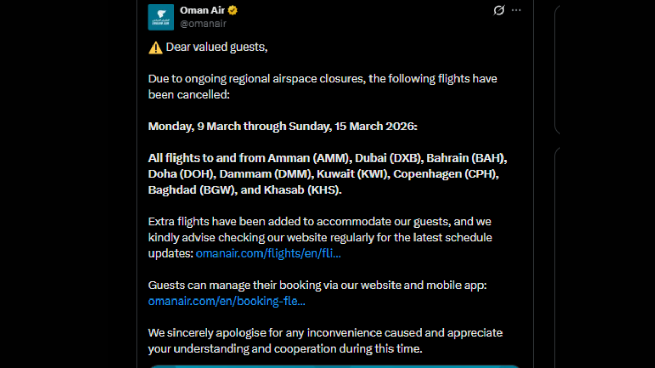 Oman Air cancels flights to 9 cities from March 9–15 amid ongoing regional airspace closures |