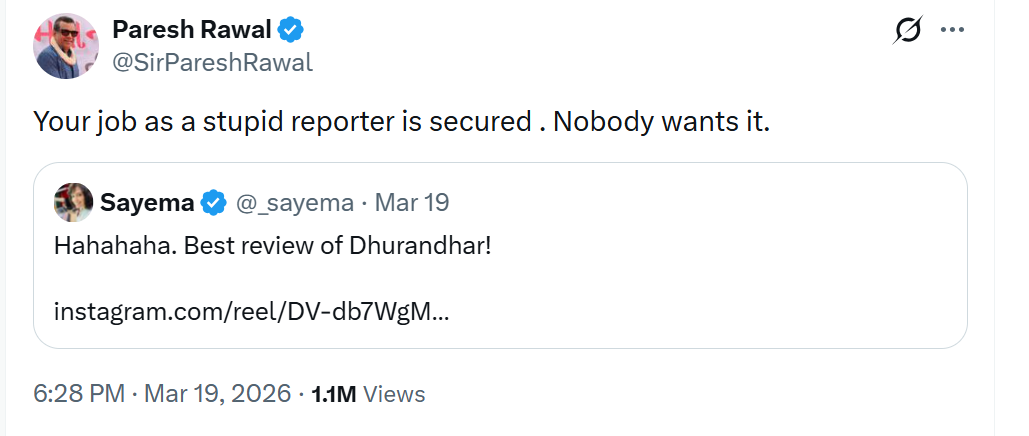 Dhurandhar 2: Paresh Rawal calls RJ stupid for her post on 'Dhurandhar 2', reshares Ram Gopal Varma's review of the film | Hindi Movie News