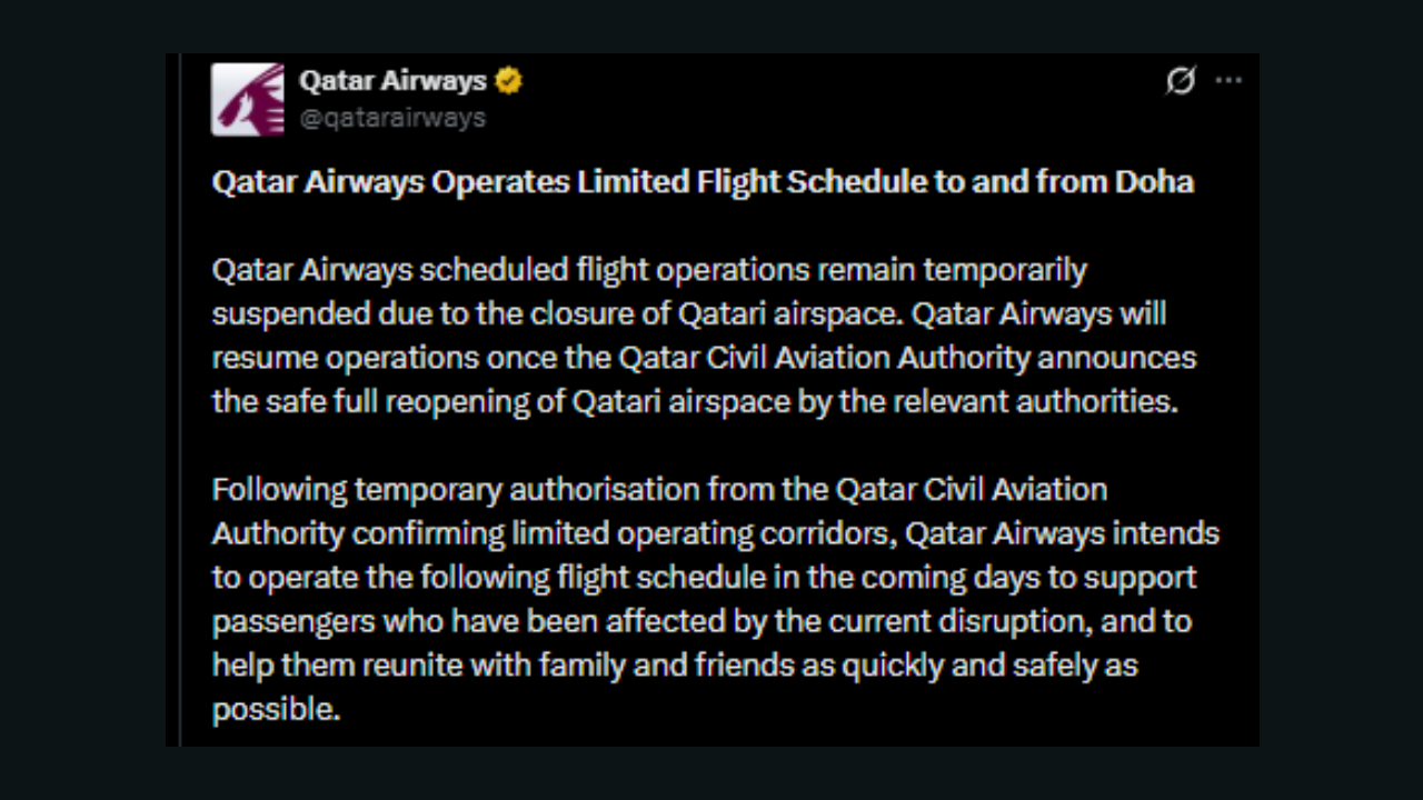 Flight routes disrupted as Qatar, Bahrain, Kuwait close airspace temporarily amid tensions; Dubai and Riyadh airports operating limited services |
