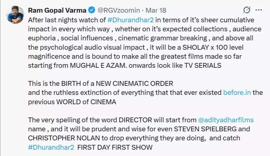 Ram Gopal Varma: 'Dhurandhar: The Revenge': Ram Gopal Varma hypes up Ranveer Singh starrer; says, 'People who watched...' |
