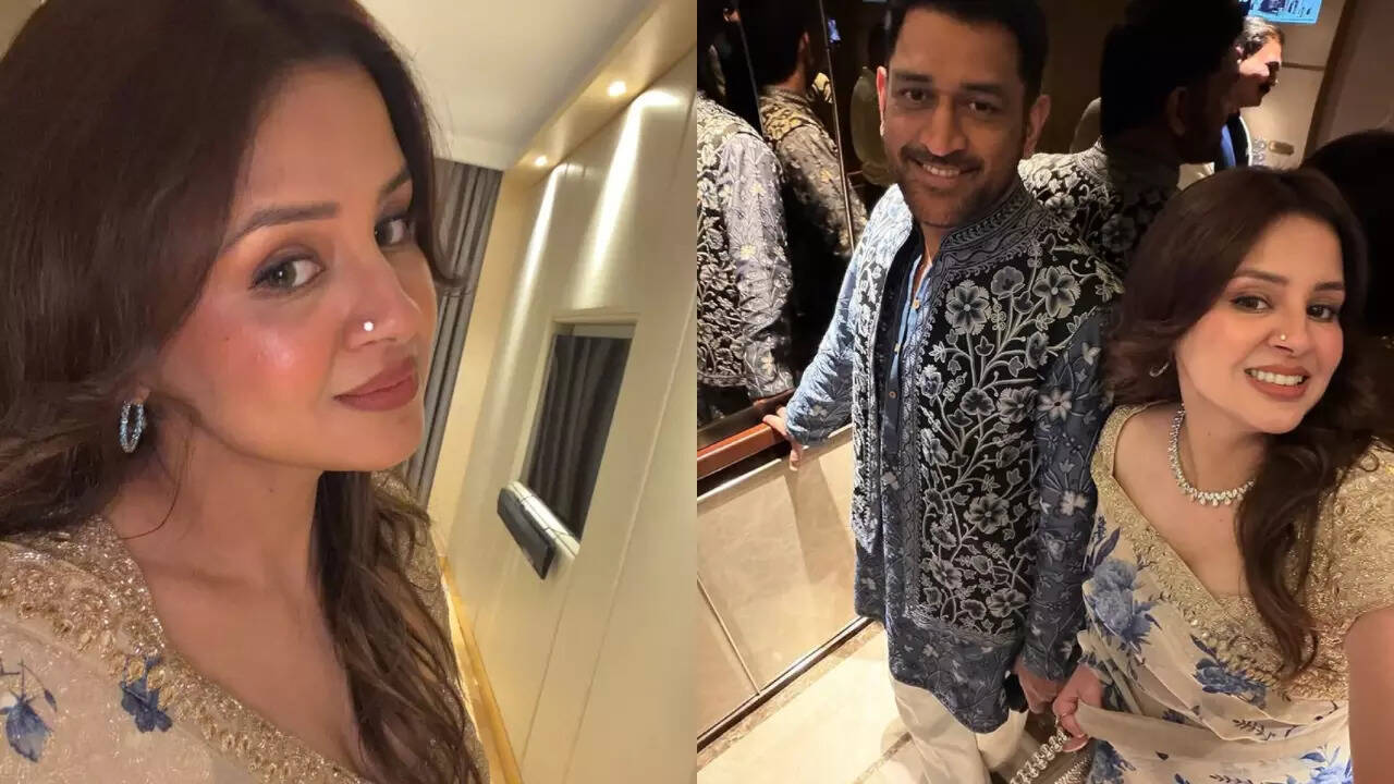 Sakshi Dhoni Saree: Sakshi Dhoni stuns in ₹1.22 lakh organza saree while MS Dhoni looks dapper in embroidered Nehru jacket at Mumbai wedding