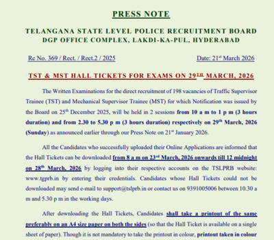 TSLPRB TST, MST hall ticket 2026 to be released tomorrow: Check steps to download admit card here