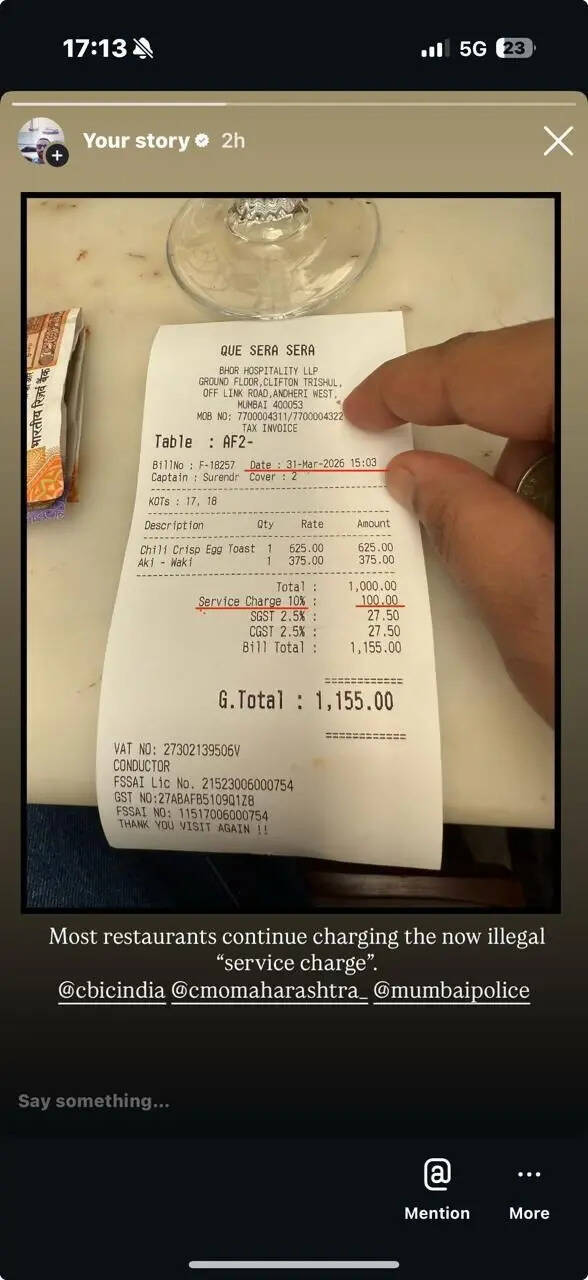 Vikrant Massey flags restaurant’s illegal service charge through SM post, deletes it later |