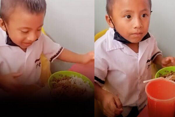 This little boy was not willing to eat the best part of his meal because he was saving it for... "It's for my..." |