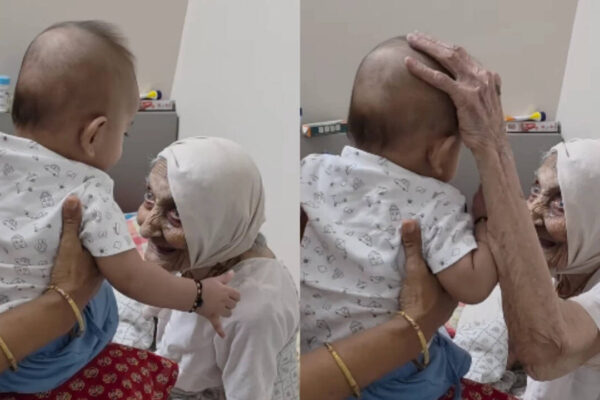 Great-Grandmother And Grandchild Interaction: Cute interaction between104-year-old great-grandmother and her 4-month-old great-grandson: What is the little baby trying to convey?