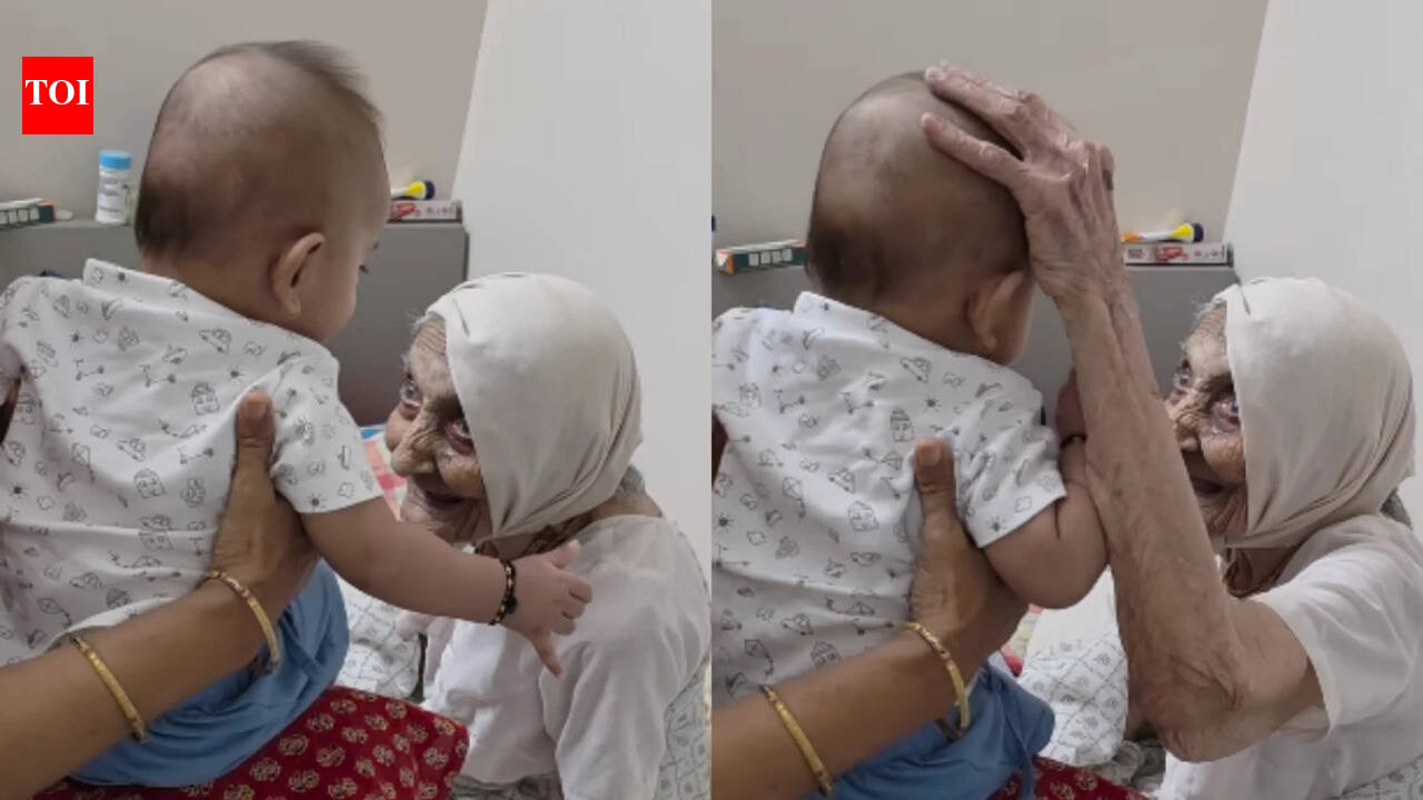 Great-Grandmother And Grandchild Interaction: Cute interaction between104-year-old great-grandmother and her 4-month-old great-grandson: What is the little baby trying to convey?