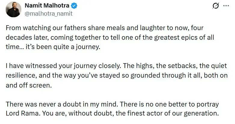 Namit Malhotra calls Ranbir Kapoor the 'finest actor of our generation'; says, 'No one better to portray Lord Rama' | Hindi Movie News