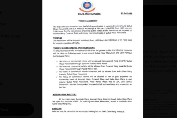 Delhi Traffic Advisory: Restrictions near Qutub Minar and Mehrauli on April 12 amid expected rush