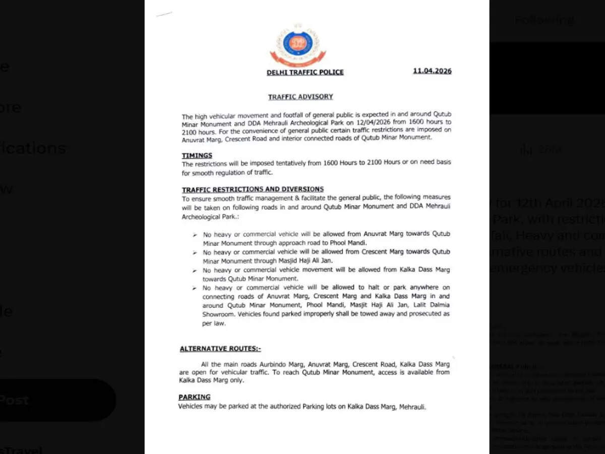 Delhi Traffic Advisory: Restrictions near Qutub Minar and Mehrauli on April 12 amid expected rush