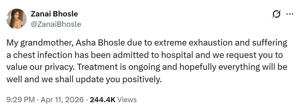 Asha Bhosle Health Update: PM Narendra Modi expresses concern for Asha Bhosle after her hospitalization in Mumbai: 'Praying for her speedy recovery' | Hindi Movie News