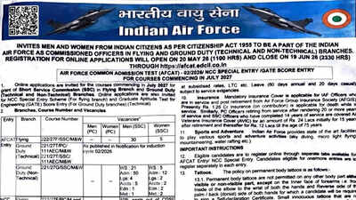 Afcat 02/2026 Notification: AFCAT 02/2026 applications begin May 20 for 300-plus Indian Air Force vacancies; check details here