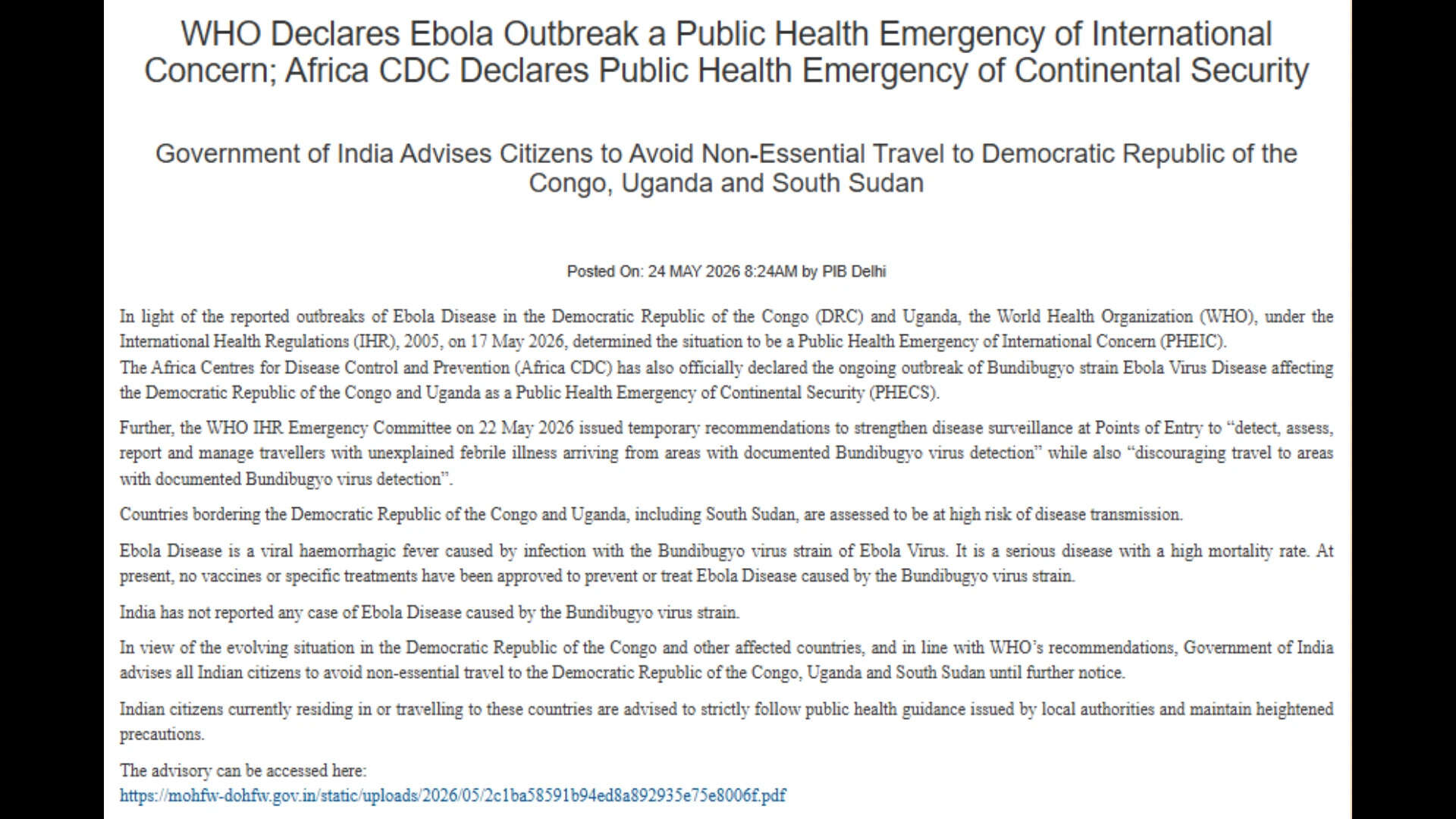 Ebola Outbreak: India Issues Urgent Travel Advisory for Travelers | India News