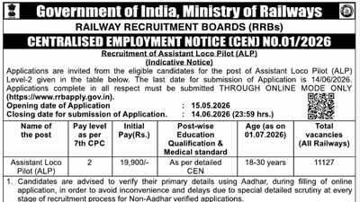 RRB ALP CEN 01/2026 notification released for 11,127 posts, registrations begin from May 15