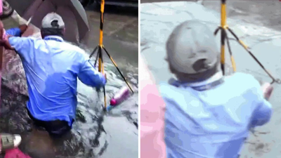 BMC staffer falls into open drain during Mumbai Mayor’s inspection at flooded King Circle | Mumbai News
