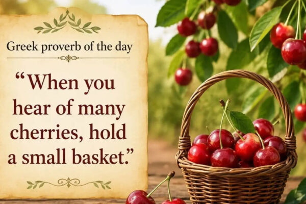 Greek proverb of the day: “When you hear of many cherries, hold a small basket.” |