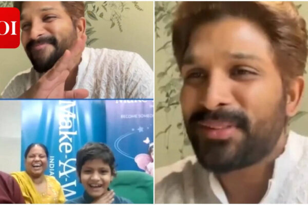 Allu Arjun fulfils young leukaemia patient fan's wish; Recreates iconic 'Pushpa' beard gesture - VIDEO | Telugu Movie News