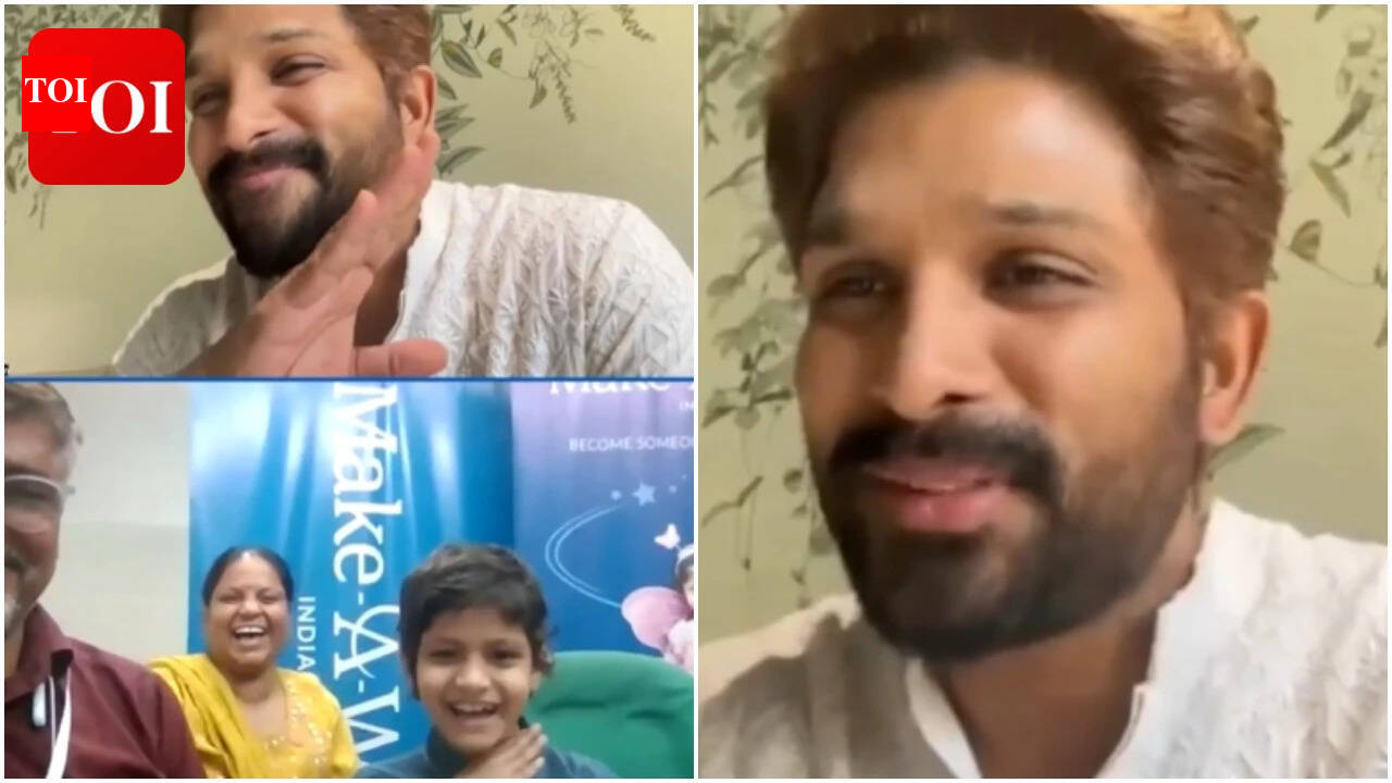 Allu Arjun fulfils young leukaemia patient fan's wish; Recreates iconic 'Pushpa' beard gesture - VIDEO | Telugu Movie News