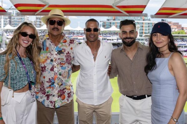 Virat Kohli, Anushka Sharma cheer for Team India at Women's T20 World Cup clash; pose with Ravi Shastri and Shikhar Dhawan at Lord's | Hindi Movie News