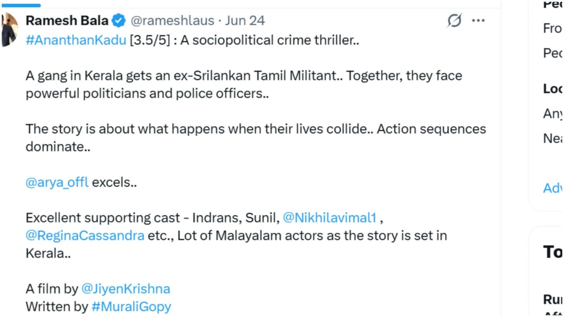 'Ananthan Kaadu' Twitter review: Netizens praise Arya's performance; Murali Gopy's writing impresses | Malayalam Movie News