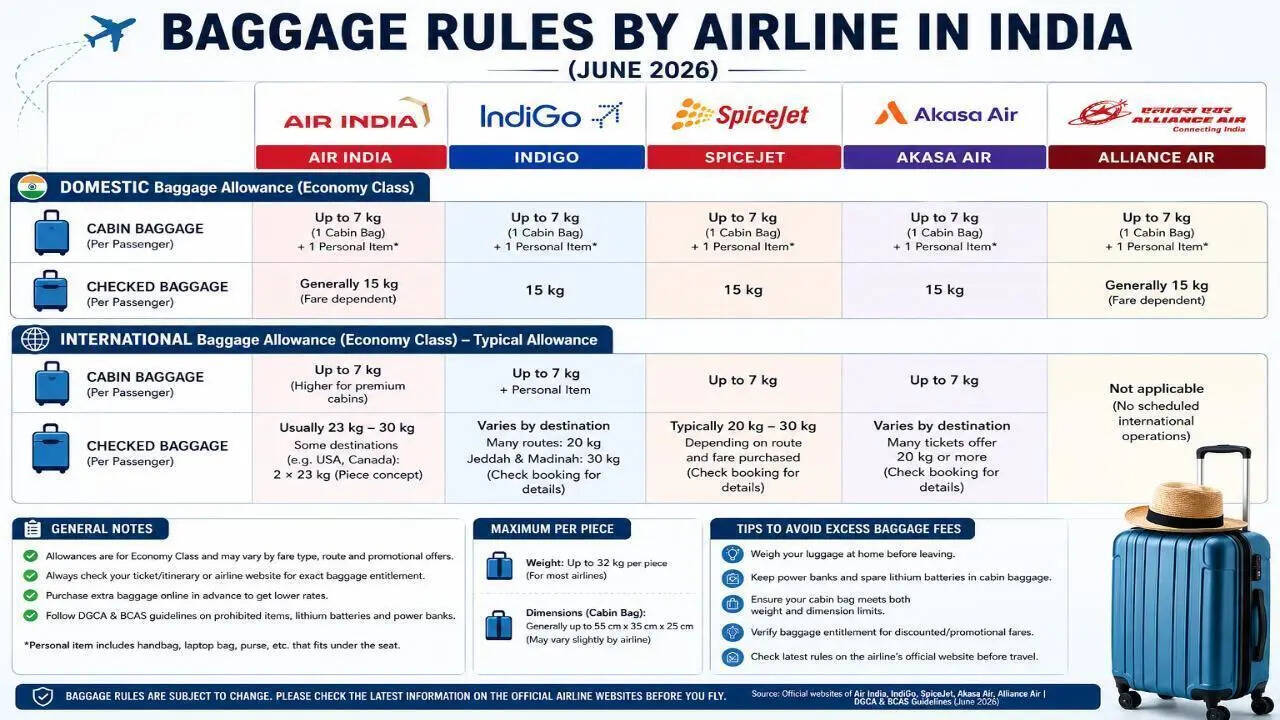Indian airline baggage rules 2026: Air India, IndiGo, SpiceJet, Akasa & Alliance Air baggage norms explained |