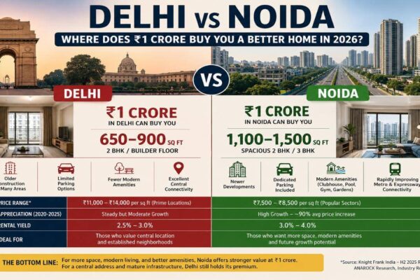 Delhi vs Noida: Which city gives homebuyers more space for ₹1 crore budget? |
