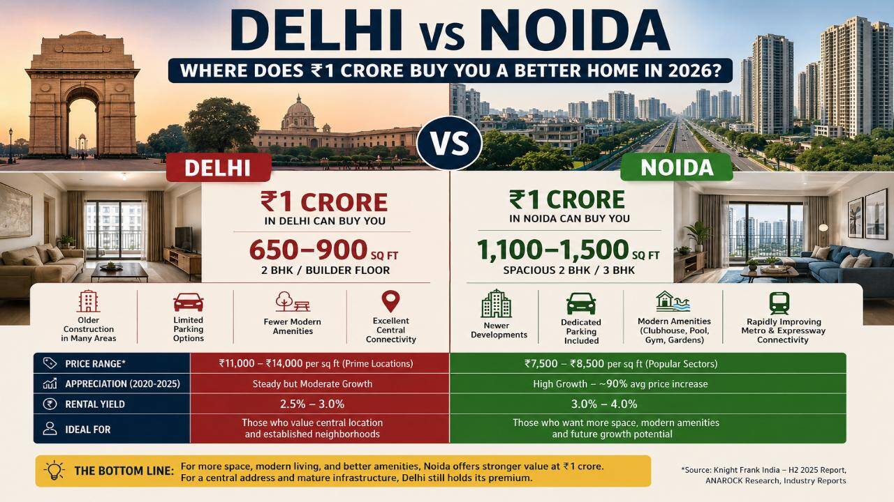 Delhi vs Noida: Which city gives homebuyers more space for ₹1 crore budget? |