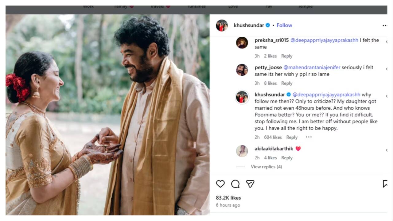 Khushbu Sundar strongly reacts to backlash for posting photos from daughter's wedding after K Bhagyaraj's demise: 'Why follow me?' |