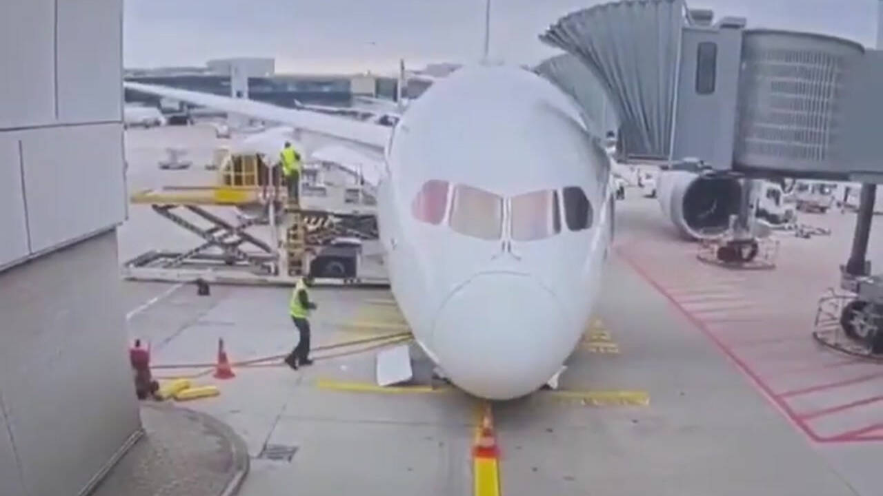 Several Lufthansa staff injured after plane's nose gear collapses at Germany's Frankfurt airport - video