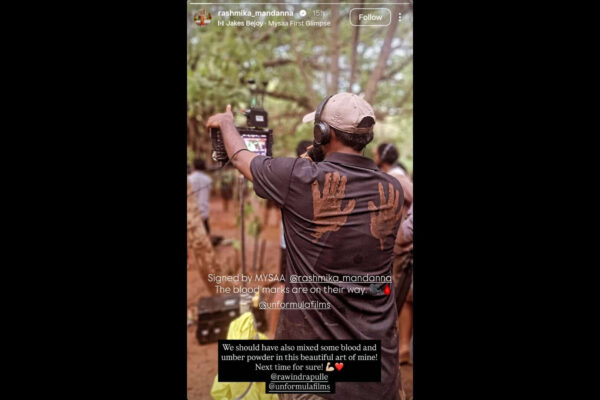 'Mysaa': Rashmika Mandanna gives BTS glimpse from Rawindra Pulle directorial sets with funny 'Blood Marks' comment |