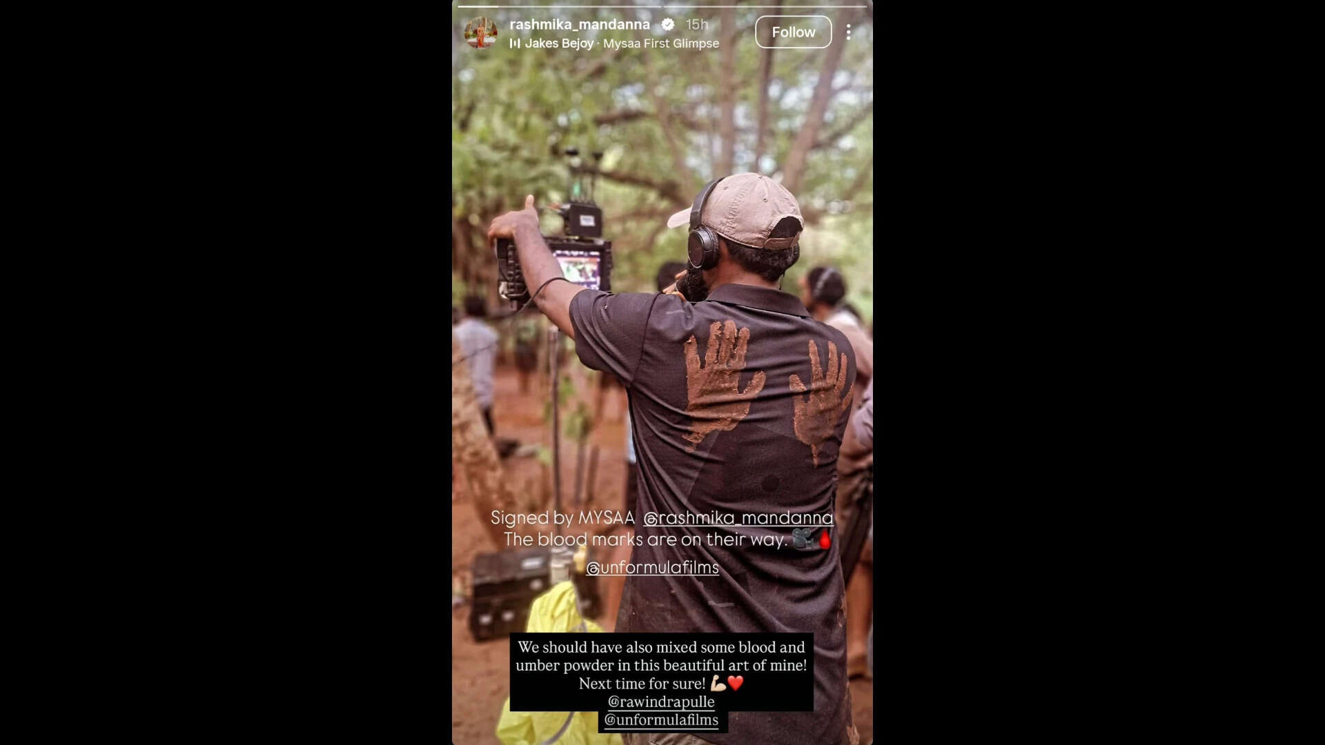 'Mysaa': Rashmika Mandanna gives BTS glimpse from Rawindra Pulle directorial sets with funny 'Blood Marks' comment |