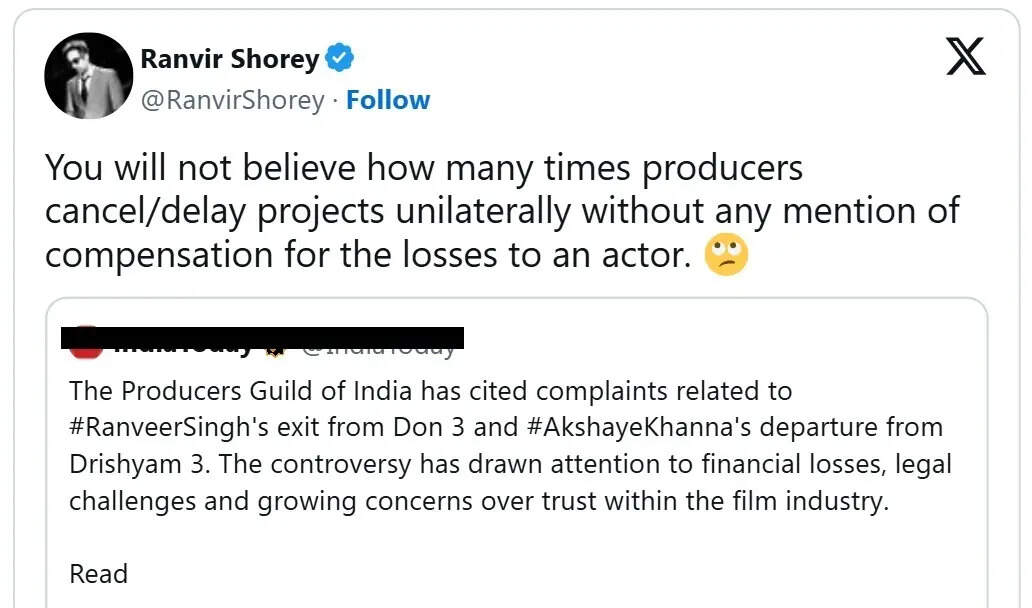 'Producers cancel projects without compensation': Ranvir Shorey HITS BACK at Producers Guild's statement over 'Don 3' row | Hindi Movie News