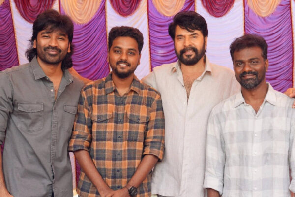 National Award winners Mammootty, Dhanush, Rajkumar Periyasamy, and Kalaivanan celebrate together on 'OM' sets | Tamil Movie News