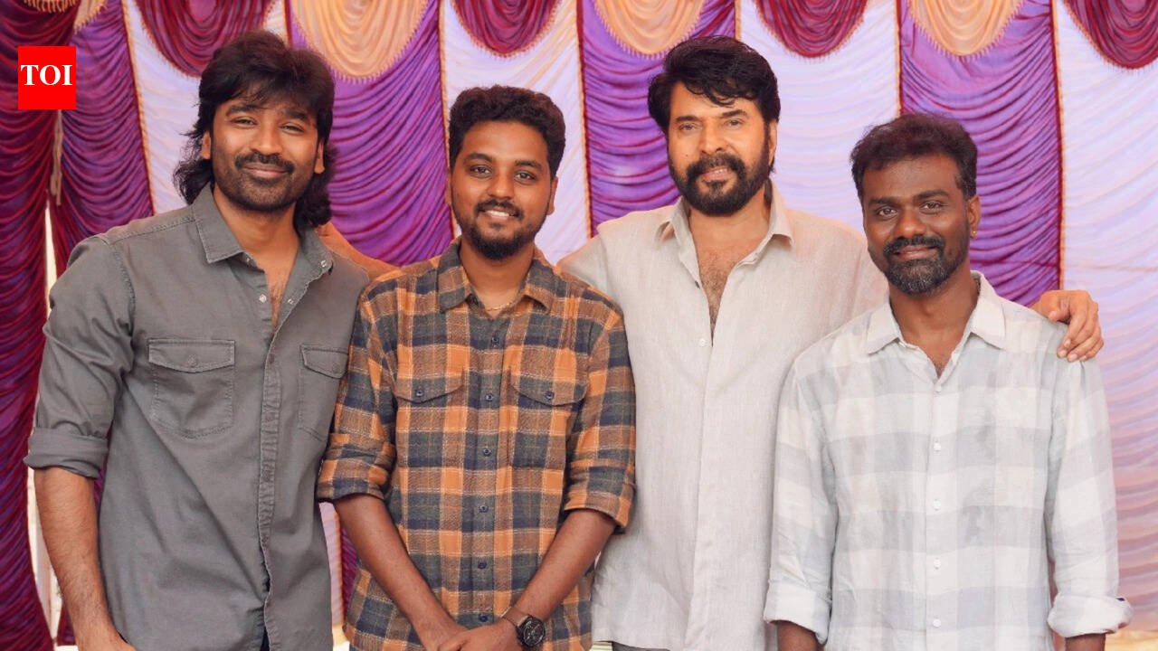 National Award winners Mammootty, Dhanush, Rajkumar Periyasamy, and Kalaivanan celebrate together on 'OM' sets | Tamil Movie News