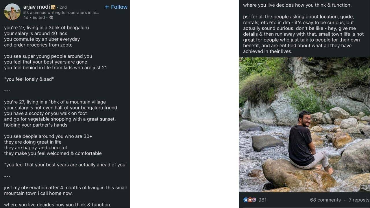 ₹40 lakh salary in Bengaluru vs a simpler mountain life: IIT Kanpur alumnus's viral post sparks debate |