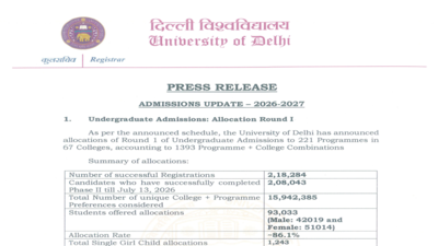 DU UG CSAS round 1 allocation list 2026 out at admission.uod.ac.in; confirm seats by July 18