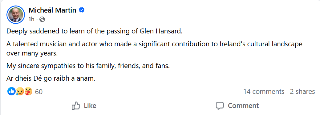 Irish musician Glen Hansard passes away at 56 after fatal motorbike accident in Dublin; Taoiseach Micheal Martin shares condolences |