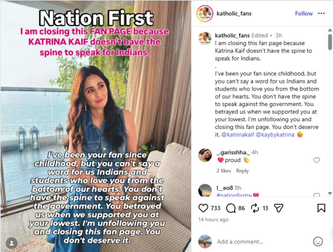 Katrina Kaif faces backlash over silence on CJP protests as fan page with 70K followers shuts down |