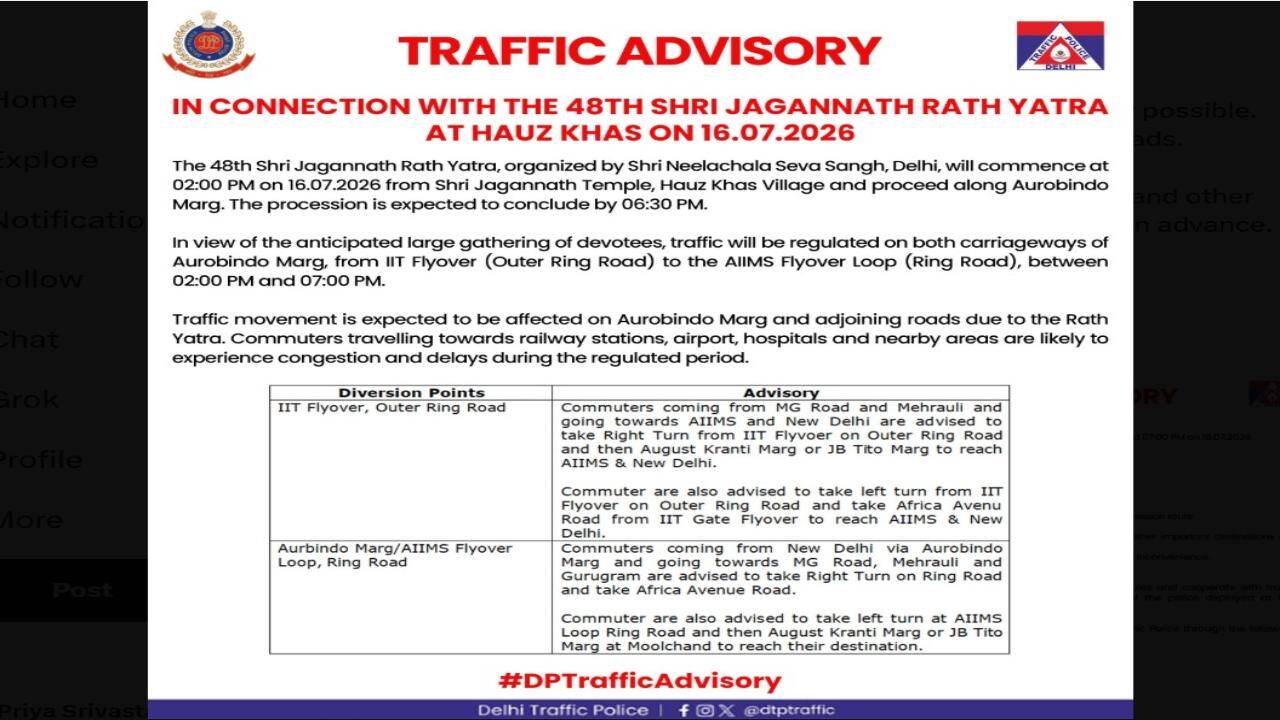 Delhi traffic alert today amid Jagannath Rath Yatra: Check road closures, diversions, timings and routes to avoid