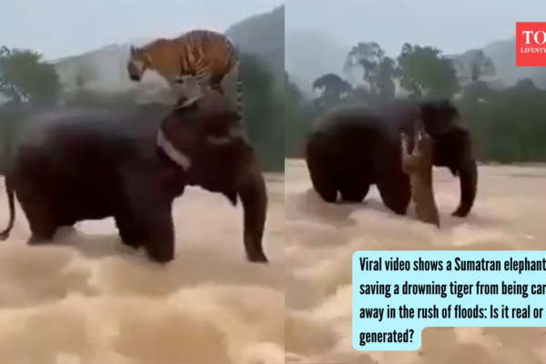 Viral video shows a Sumatran elephant saving a drowning tiger from being carried away in the rush of floods: Is it real or AI-generated?